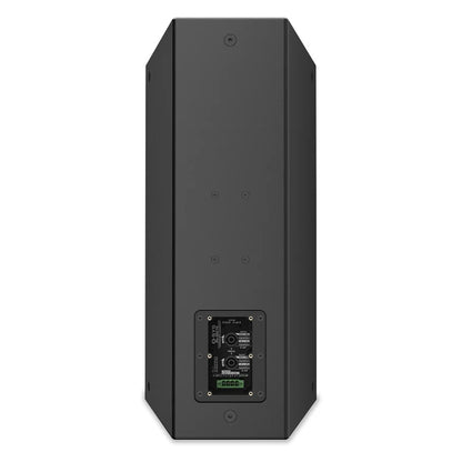 PL-DC12 back panel detail with connector plate and mounting inserts on tapered enclosure, Q-SYS
