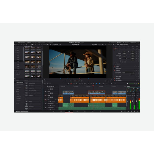 Blackmagic Design DaVinci Resolve Studio Edit page with media pool, timeline tracks, inspector, and mixer meters