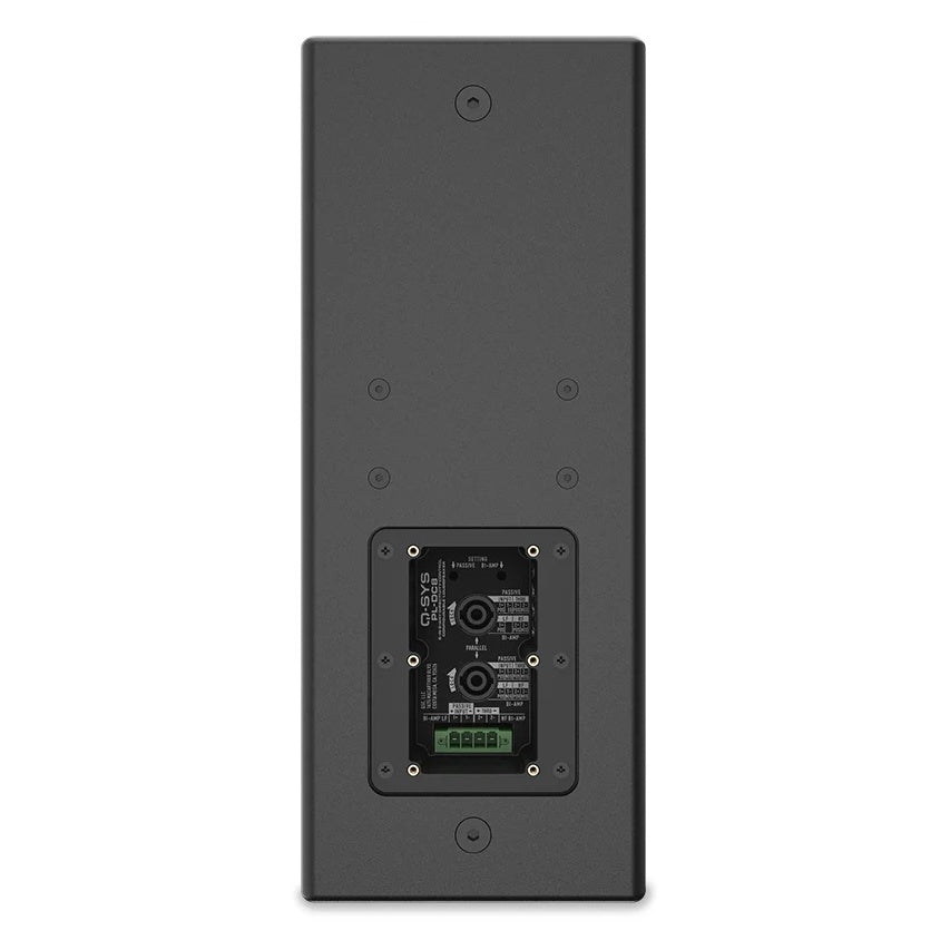 PL-DC8 rear view showing flat back panel, connector cup and threaded mounting inserts, Q-SYS