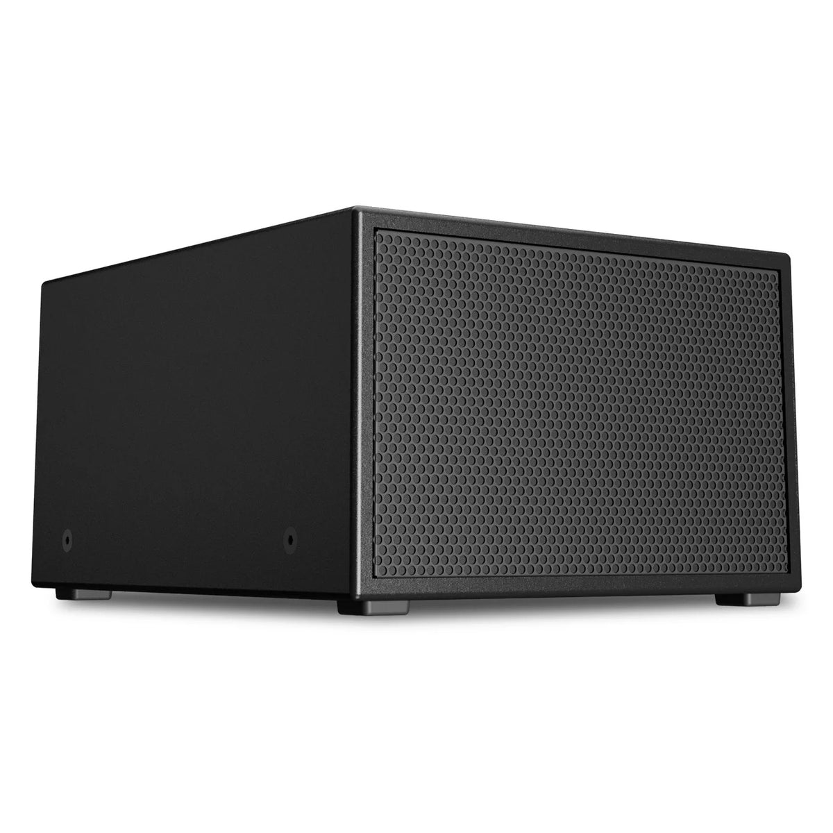PL-SUB10 three-quarter hero view showing cabinet depth, side mounting points and grille face, Q-SYS