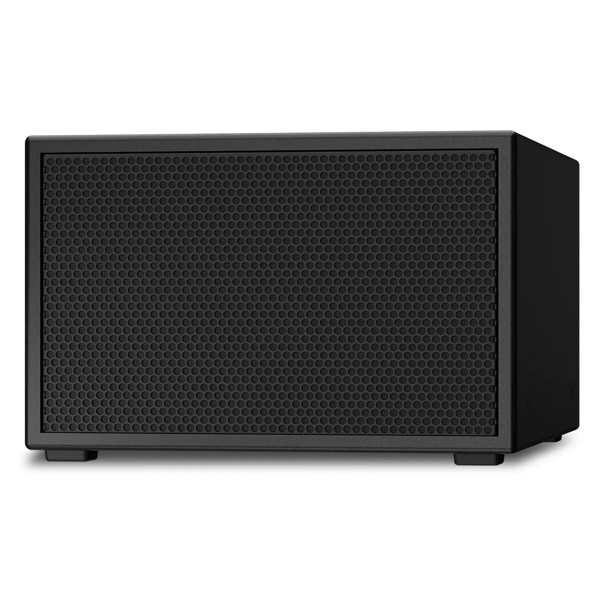 PL-SUB10 left angle view of install subwoofer showing grille face and side panel profile, Q-SYS