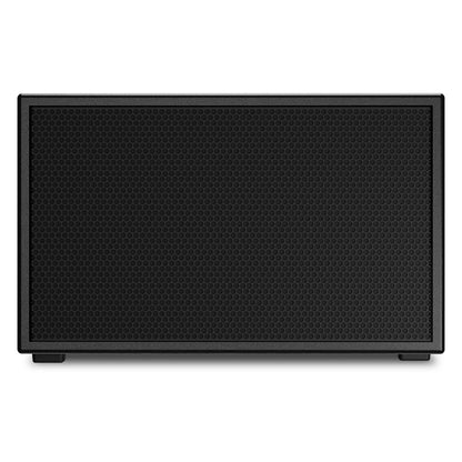 PL-SUB12 12-inch install subwoofer straight-on front view of textured black grille and low-profile cabinet, Q-SYS
