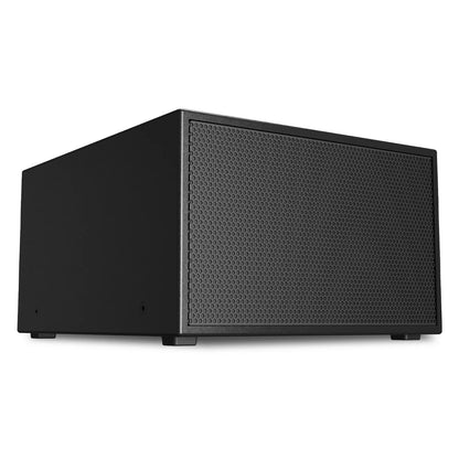 PL-SUB12 subwoofer three-quarter hero view showing grille face, side panel and integrated foot pads, Q-SYS