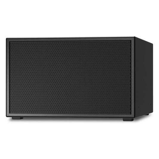 PL-SUB12 subwoofer left angle view showing grille face and depth of the sealed black cabinet, Q-SYS