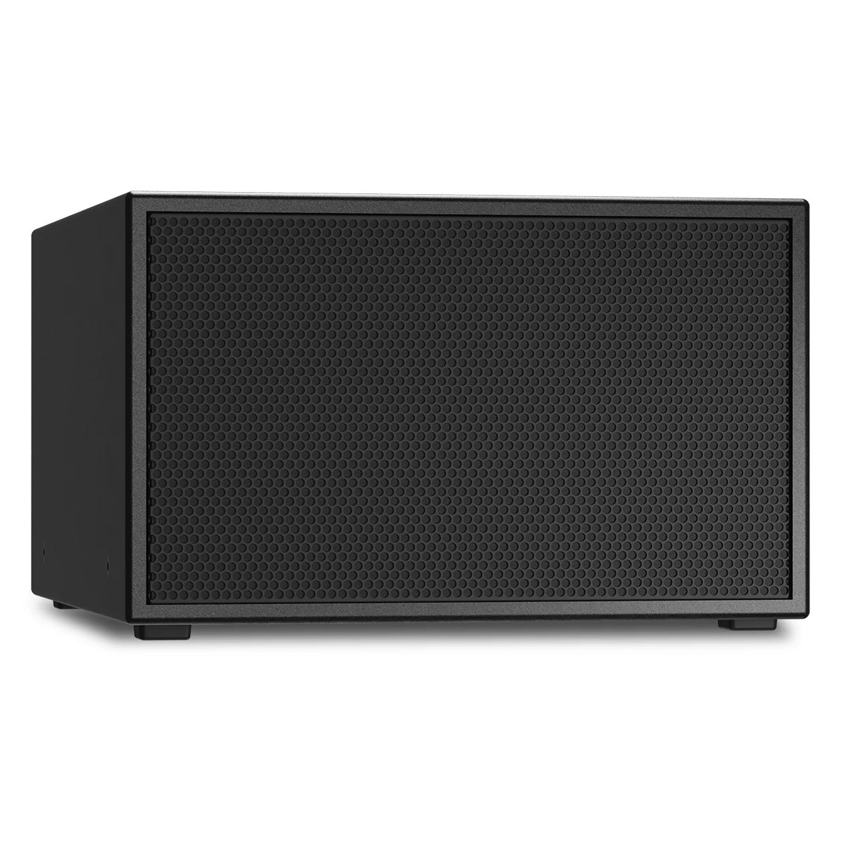 PL-SUB12 subwoofer right angle view highlighting rounded cabinet edges and perforated grille, Q-SYS