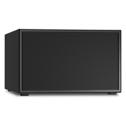 PL-SUB12 subwoofer right angle view highlighting rounded cabinet edges and perforated grille, Q-SYS