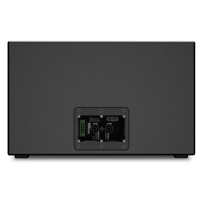 PL-SUB12 rear panel detail with recessed input plate, green Euroblock connector and color-coded binding posts, Q-SYS