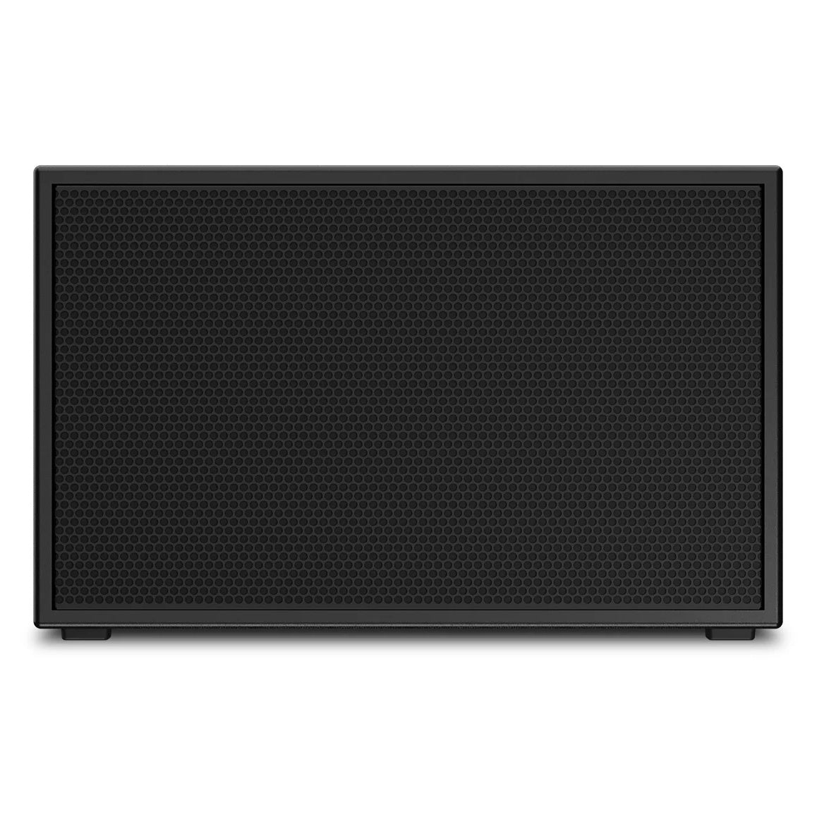 PL-SUB subwoofer front view of textured black hex-pattern grille and rounded cabinet edges, Q-SYS