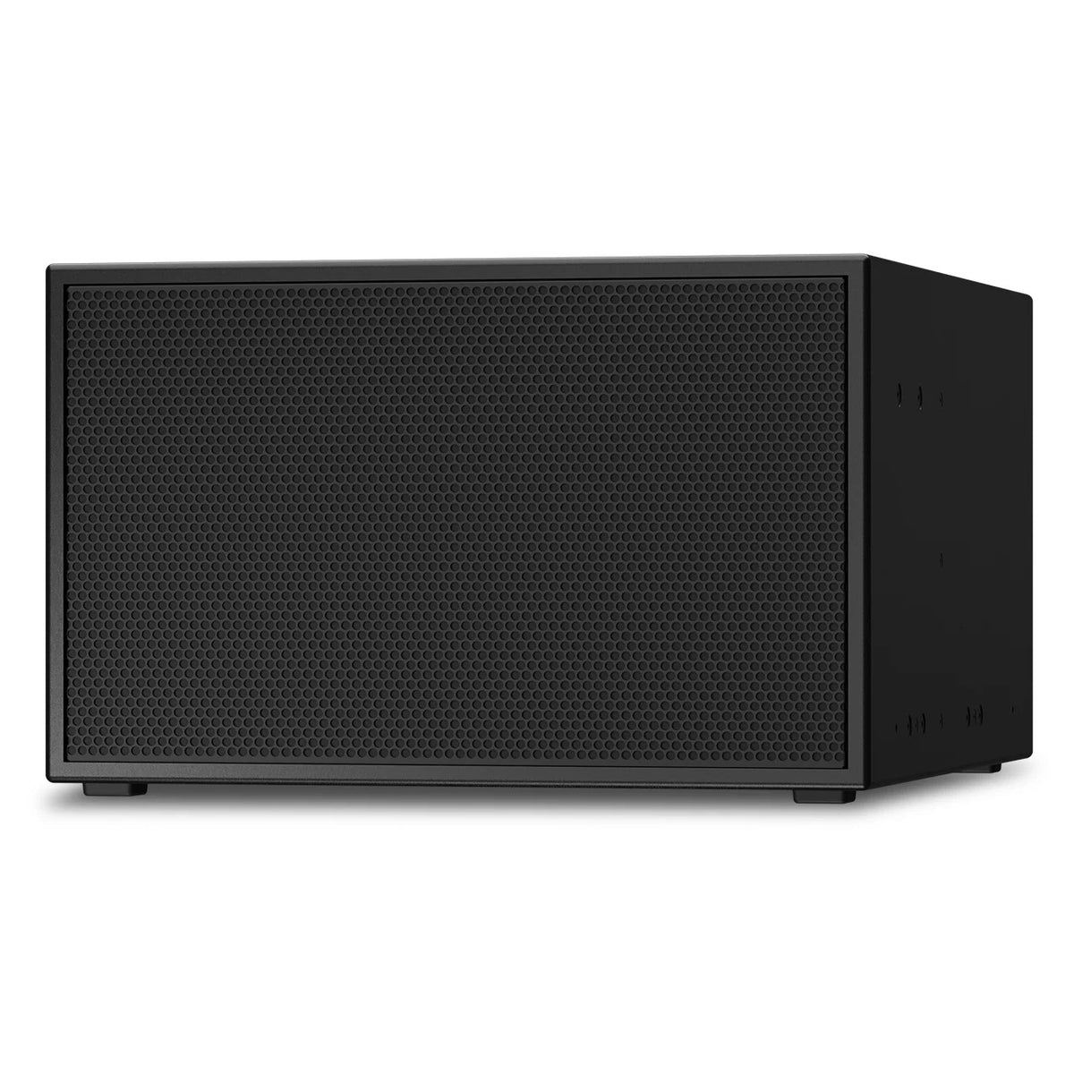 PL-SUB subwoofer left angle view showing grille face and side-panel mounting inserts, Q-SYS