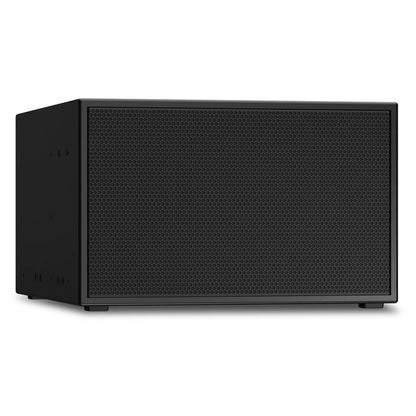 PL-SUB subwoofer right angle view with black cabinet side and threaded mounting points, Q-SYS
