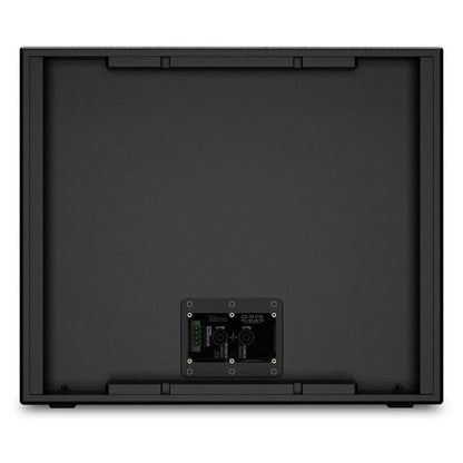 PL-SUB18 rear panel detail with barrier-strip terminal connector plate for permanent install wiring, Q-SYS