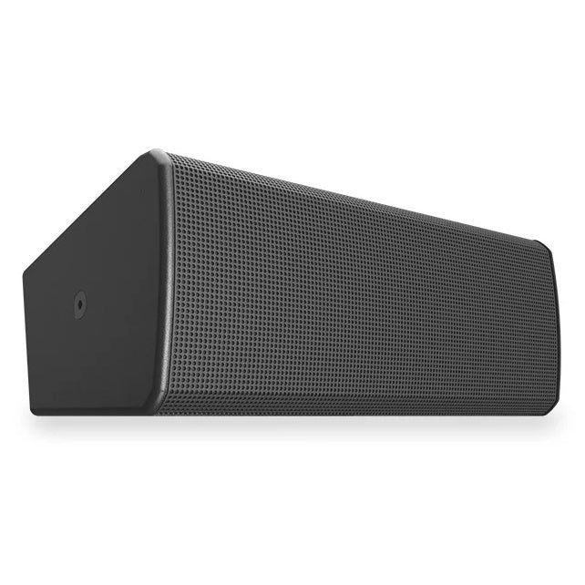 PL-DC24 loudspeaker angled three-quarter view showing perforated black grille and side mounting insert, Q-SYS