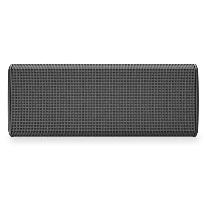 PL-DC24 loudspeaker front view showing full-width perforated black metal grille, Q-SYS