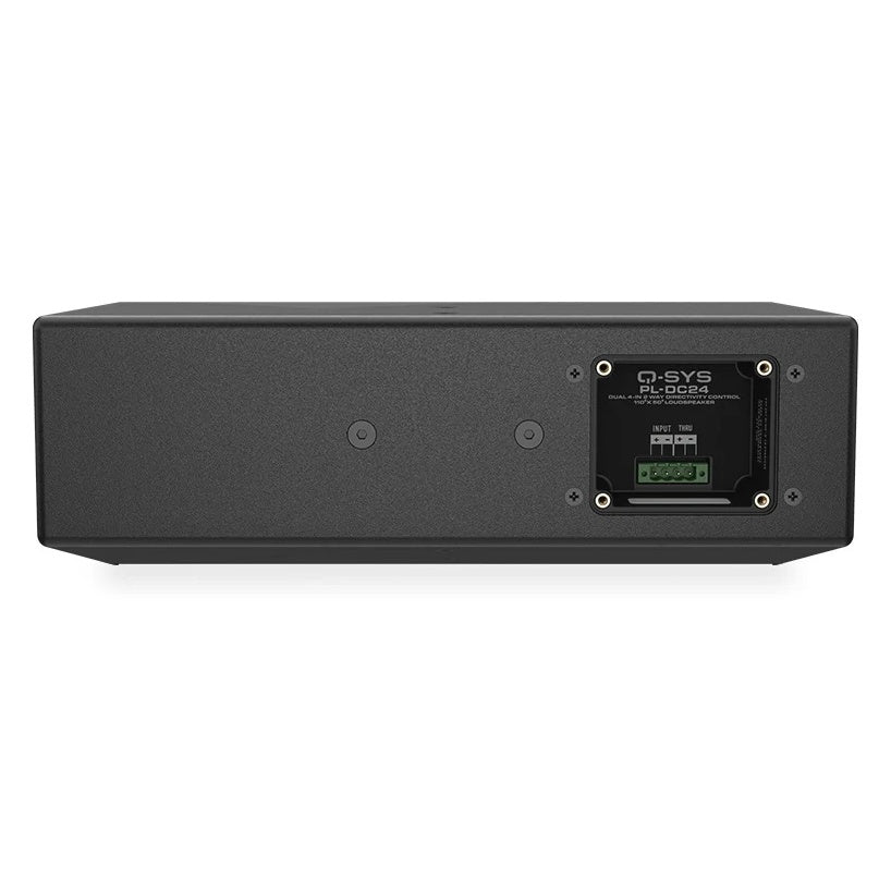 PL-DC24 loudspeaker rear panel showing input and thru green Phoenix terminal connector plate and mounting inserts, Q-SYS