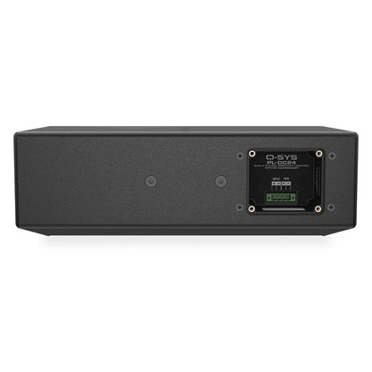 PL-DC24 loudspeaker rear panel showing input and thru green Phoenix terminal connector plate and mounting inserts, Q-SYS