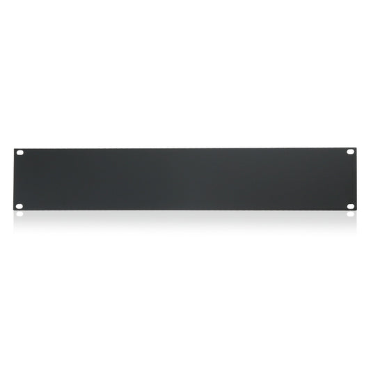 AtlasIED CB2 solid 2 RU blank rack panel in black, front view with four corner mounting slots