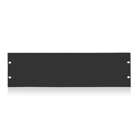 AtlasIED CB3 3 RU solid blank rack panel in black, front view with four mounting slots