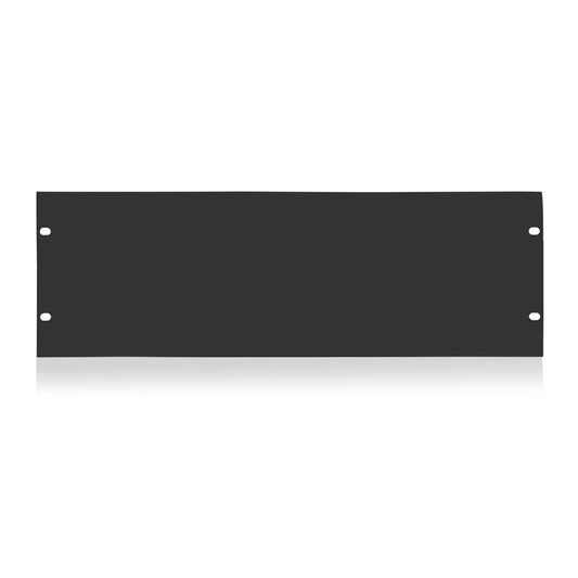 AtlasIED CB4 4 RU solid blank rack panel in black, front view with corner mounting slots