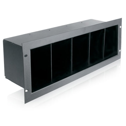 AtlasIED CD4 3RU rack mount CD storage shelf angled view showing five divided compartments and rack ears