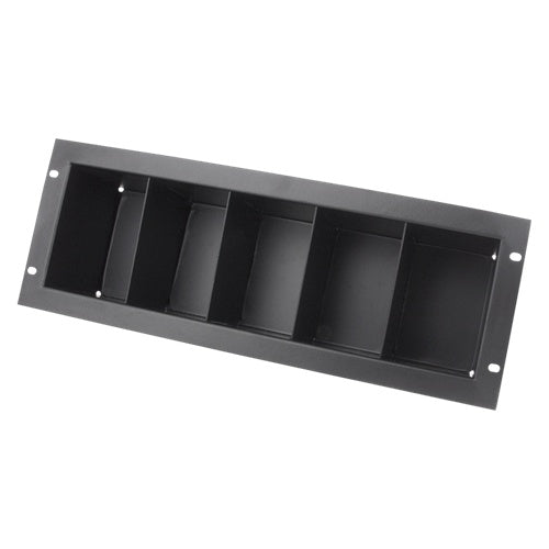 AtlasIED CD4 storage shelf top-down view of black steel dividers and rack ear mounting holes