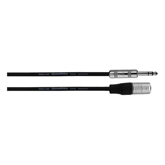 ProCo Sound Excellines cable ends side by side with TRS plug and male XLR, DynaMike jacket printing