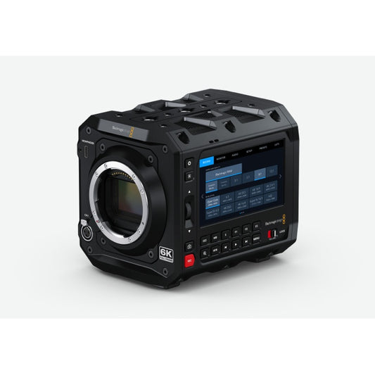 Blackmagic Design PYXIS 6K cinema camera angled view showing L-Mount, touchscreen menu and rig points