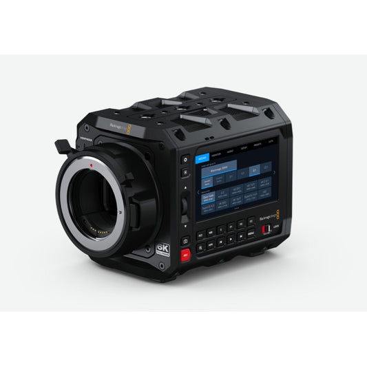 Blackmagic Design PYXIS 6K cinema camera angled view showing EF lens mount and side touchscreen