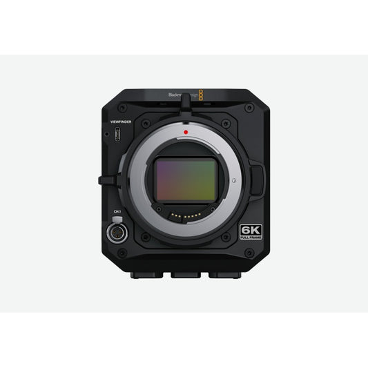 Blackmagic Design PYXIS 6K front view with exposed full frame sensor, EF mount, and CH.1 audio input