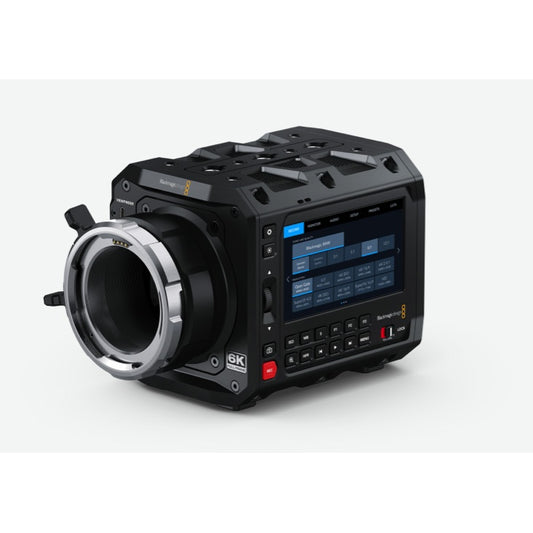 Blackmagic Design PYXIS 6K cinema camera angled view showing PL lens mount, top mounting points and side touchscreen
