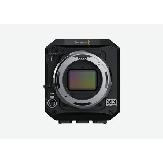 Blackmagic Design PYXIS 6K front view with full frame sensor exposed, PL mount, viewfinder port and CH.1 audio input