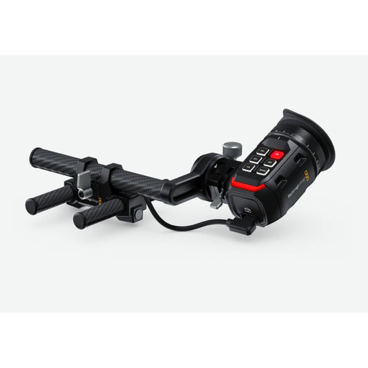 Blackmagic Design URSA Cine EVF HD OLED viewfinder on carbon fiber rod mount arm, angled view of button controls