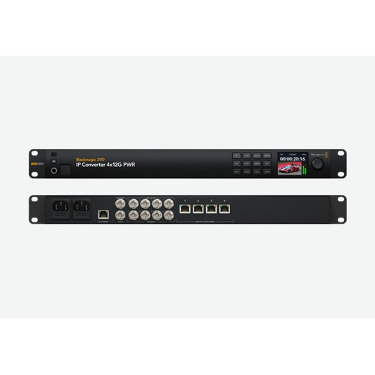 Blackmagic IP Converter 4x12G PWR front and rear views showing control panel and SDI and Ethernet ports