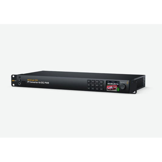 Blackmagic IP Converter 4x12G PWR angled view of 1RU chassis with LCD preview screen and button pad