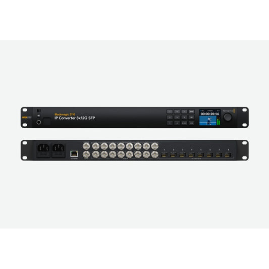 Blackmagic 2110 IP Converter 8x12G SFP front and rear panel views of the rackmount SDI to IP converter