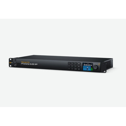 Blackmagic 2110 IP Converter 8x12G SFP angled view showing 1RU chassis, keypad, and LCD with timecode