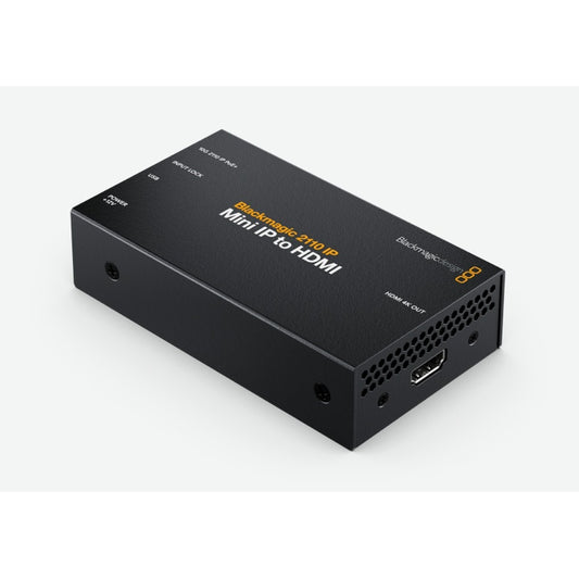 Blackmagic 2110 IP Mini IP to HDMI converter angled view showing HDMI 4K out and vented side panel