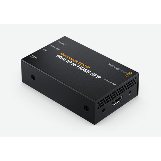 Blackmagic 2110 IP Mini IP to HDMI SFP converter angled view showing HDMI 4K OUT port and vented end panel