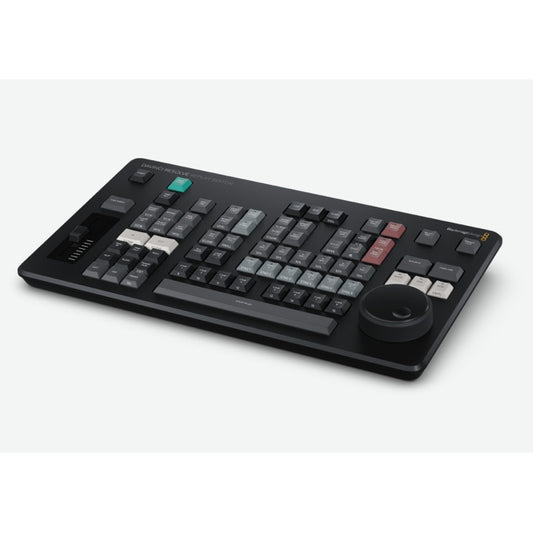 Blackmagic Design DaVinci Resolve Replay Editor control panel angled view showing keys, jog wheel and fader