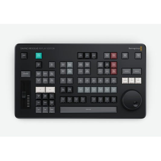 Blackmagic Design DaVinci Resolve Replay Editor top view with labeled cam and trim keys, search dial