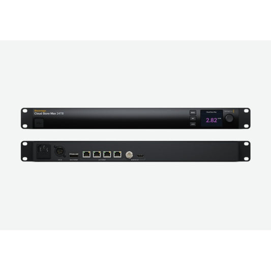 Blackmagic Design Cloud Store Max 24TB front and rear panels shown together in a rackmount storage unit