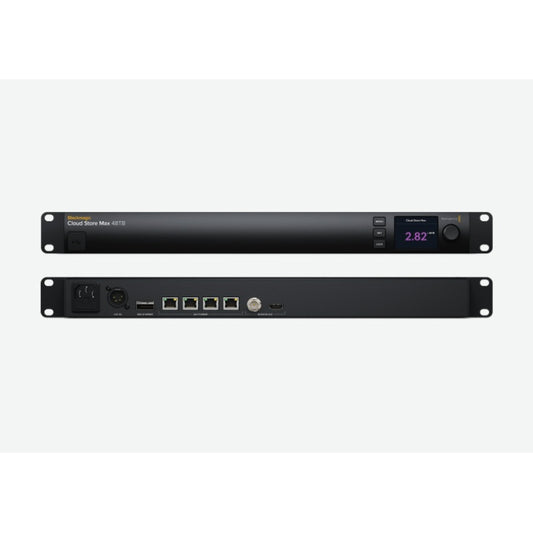 Blackmagic Design Cloud Store Max 48TB network storage front and rear panels shown together