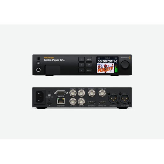 Blackmagic Design Media Player 10G capture and playout device front and rear panels shown together