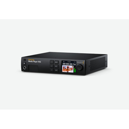 Blackmagic Design Media Player 10G angled view showing vented side and LCD monitoring screen