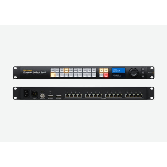 Blackmagic Design Ethernet Switch 360P front panel and rear connector panel shown together