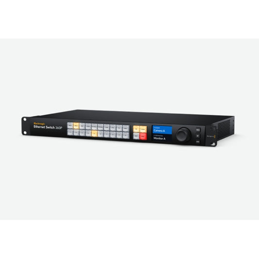 Blackmagic Design Ethernet Switch 360P angled view showing 1RU chassis and side vents