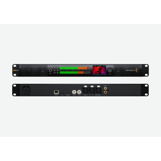 Blackmagic Design BMD-HDL-AUDMON1RU12GG3 1RU audio monitor front and rear panel views shown together