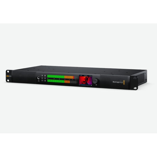 Blackmagic Design 1RU audio monitor at an angle showing LCD screen, VU meters and rack ears