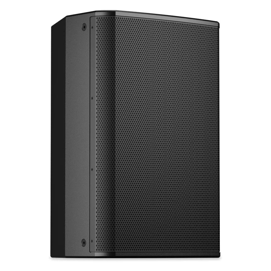 PL-CA15 three-quarter view highlighting angled cabinet edges and grille-to-baffle seam, Q-SYS