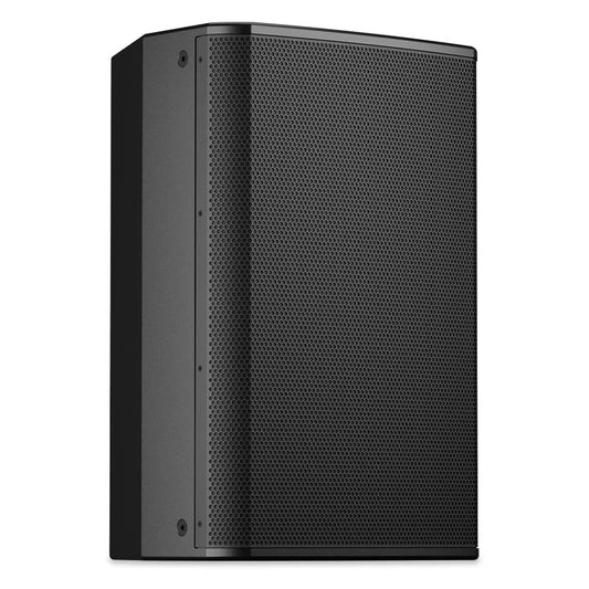 PL-CA15 three-quarter view highlighting angled cabinet edges and grille-to-baffle seam, Q-SYS