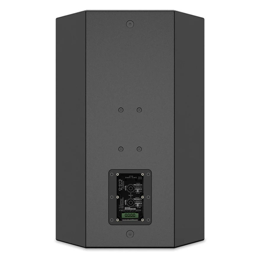PL-CA15 back of cabinet showing recessed connector cup and suspension point hardware, Q-SYS
